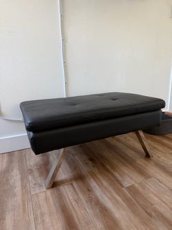 Black Leather Tufted Bench with Chrome Legs