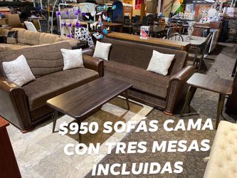 Brown sofa bed with love seat bed and tables included
