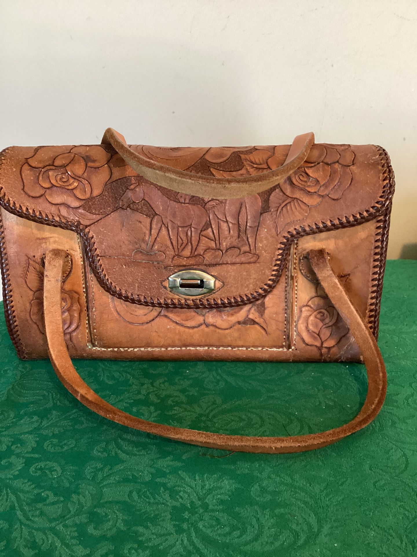 Vintage Tooled Leather Purse Embossed With Horses, Flowers & Leaves Fancy Edge