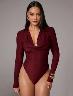 Burgundy Long Sleeve Cowl Neck Bodysuit