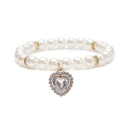 Faux Pearl Round Beaded Stretch Bracelet with Rhinestone Heart Charms