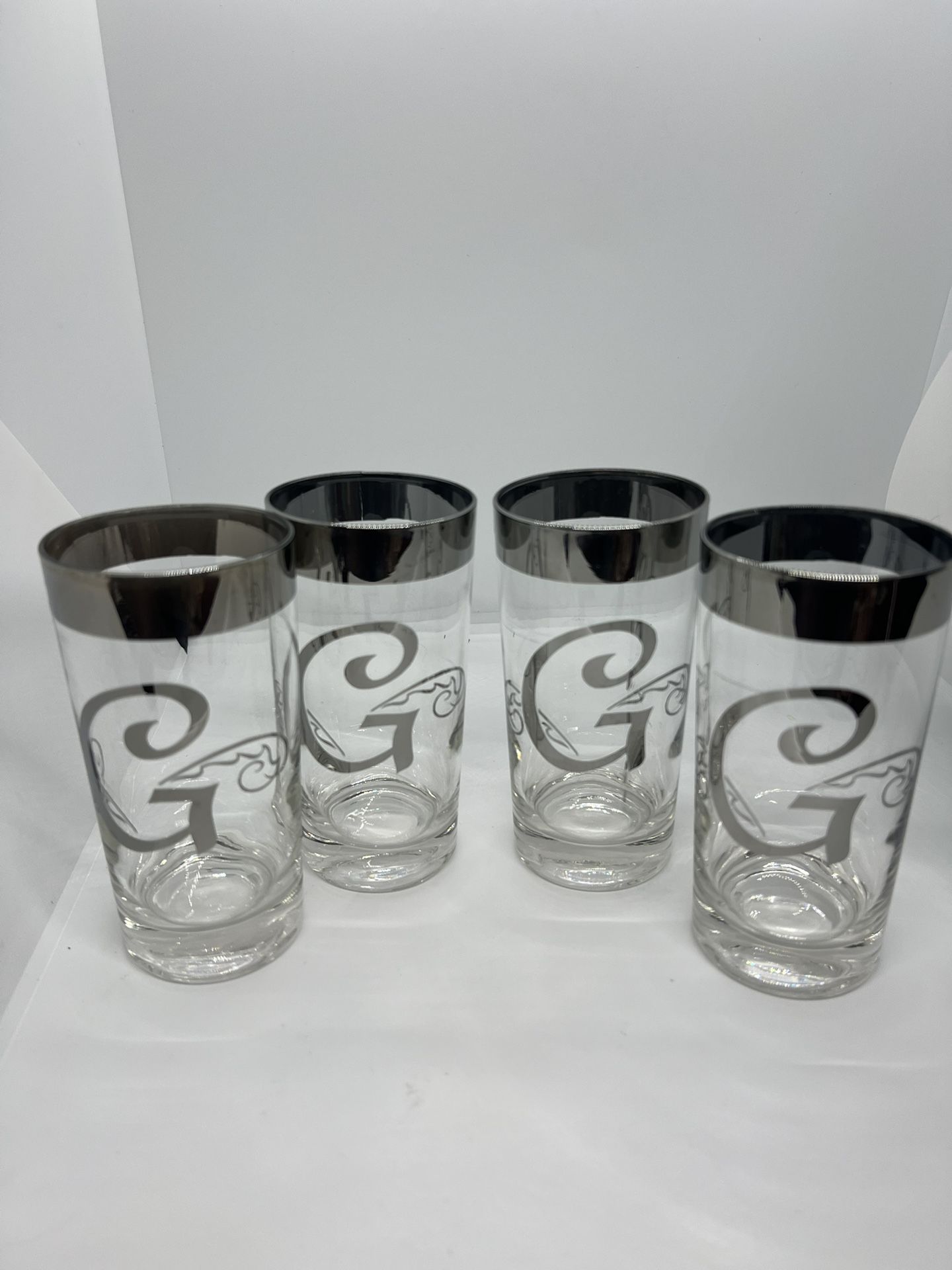 MCM VTG Dorothy Thorpe Silver Monogram Highball Glasses ~ Initial G ~ Set of 4