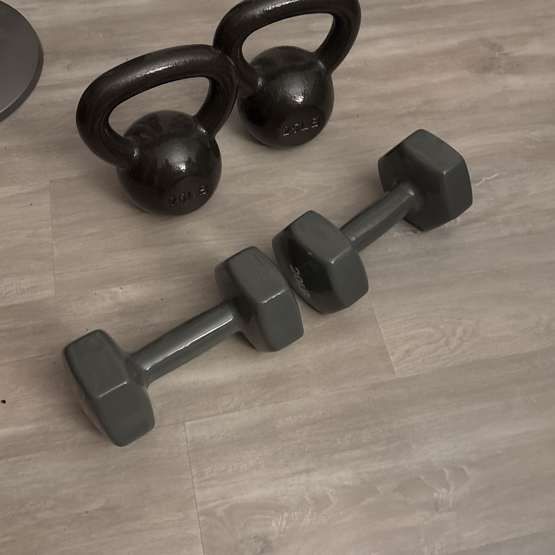 25 Lb Kettlebell Weights (2) & 20 Lb Hand Weights (2)