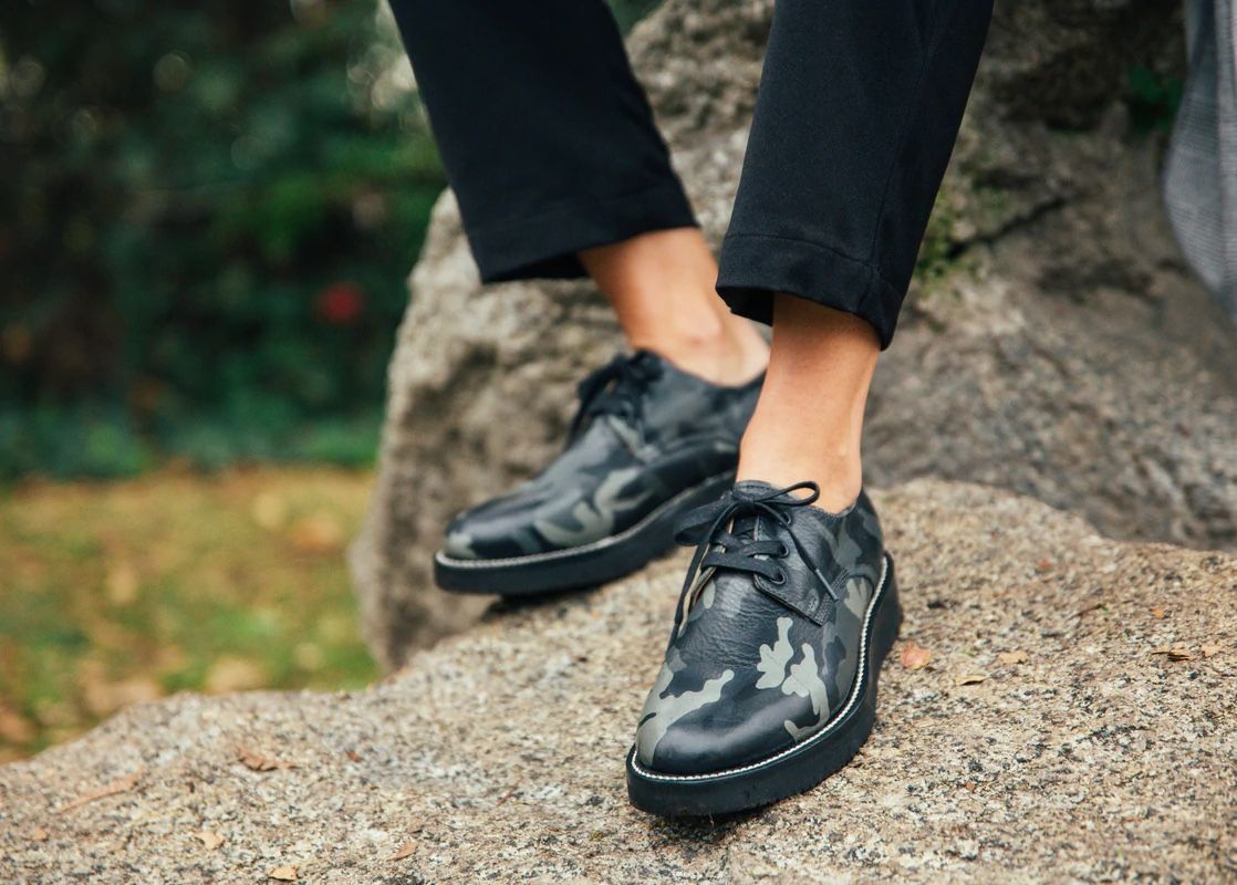 TWO THOUSAND NEVER Leather Green Black Camouflage Vibram Platform Loafers