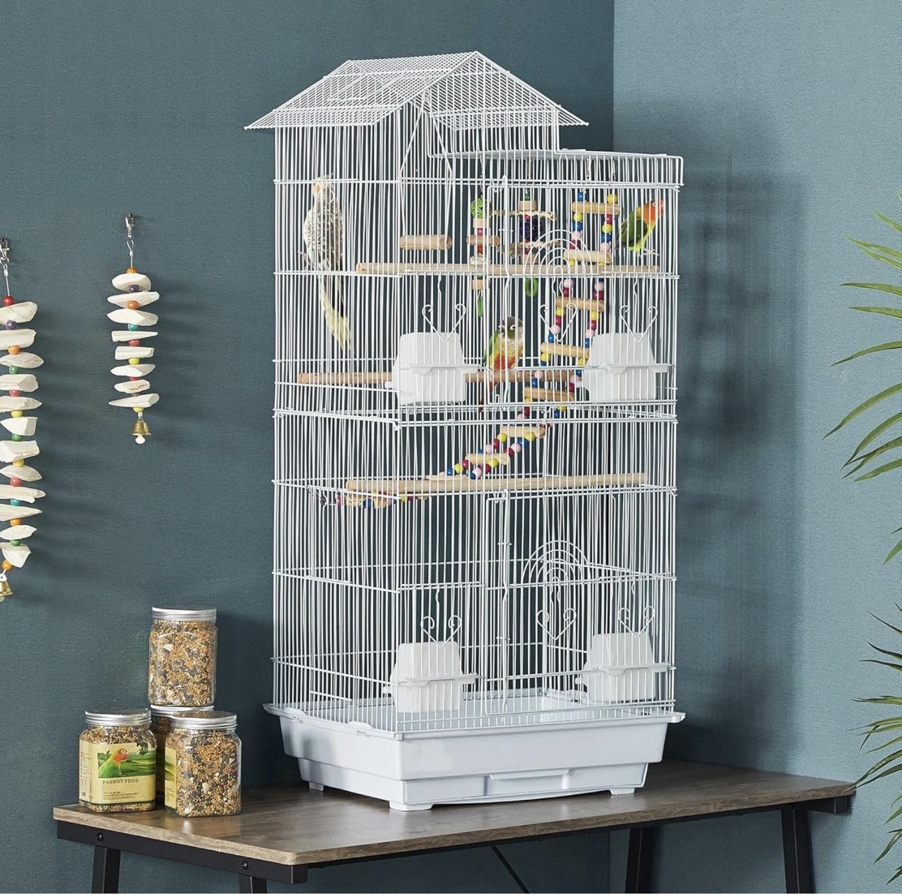 Bird Cage, 39” Rooftop Large Flight Parrot Bird Cage w/Toys | Jaula de pájaros