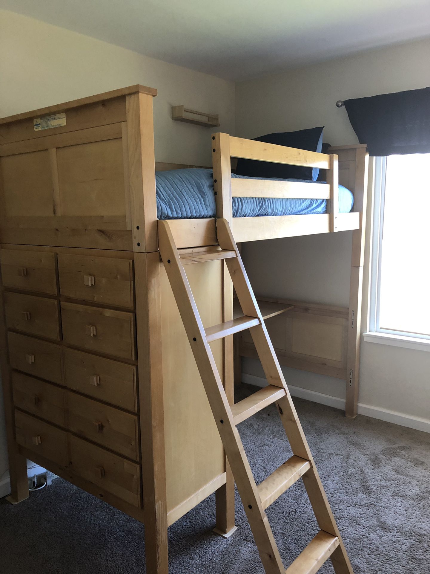 TWIN LOFT BED with Attached Dresser, Desk, Ladder, and Bulletin Boards