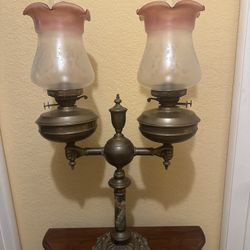 Gorgeous RARE Antique 1890’s Victorian Double Font Oil Burning Banquet Brass & Marble Lamp w/Etched Rubina Shades