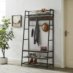Brown Coat Rack Entryway Organizer with Shoe Storage