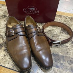 Oliveira Men Leather Shoes & Belt Set Size 12
