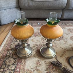 Vintage Hurricane Lamp Orange Green Mottled Art Glass Shade Brass Accent Lamp