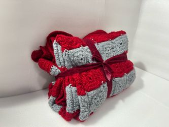 Handmade Red and Grey Crochet Granny  Blanket
