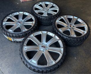 26'' G10 Silver Machine Wheels 33'' MT Tires TPMS Tahoe Yukon Suburban Silverado