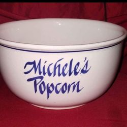Large White & Blue Ceramic Pottery Popcorn Bowl that says "Michele's Popcorn"