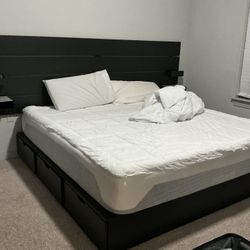 King Size Bed Frame with Modern Headboard + 6 Storage Drawers – Frame Only (No Mattress)