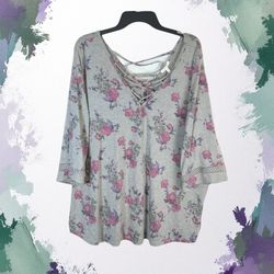 Maurices Gray w Multicolor Floral Print Shirt Women 3X