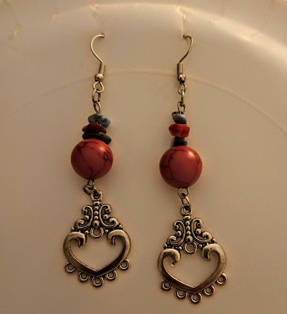 Heart Chandelier Red Turquoise Earrings 