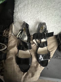Black Patent Leather Slingback Sandals with Gold MK