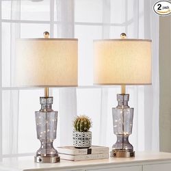 Modern Glass Table Lamps, Set Of 2, With USB C Port, 3-way Dimmable With fairy Lights. 