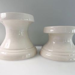 Pottery Barn Bisque Pillar Candle Holder Set 2 Ivory Home Decor Staging Neutral White
