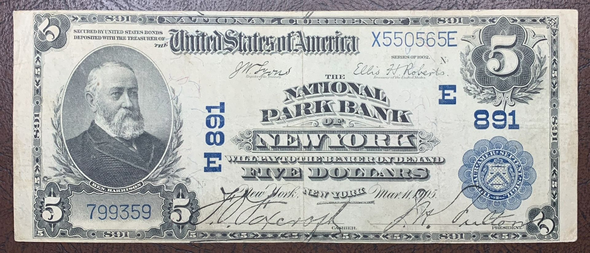 1902 National Park Bank of New York $5 Blue Seal Banknote