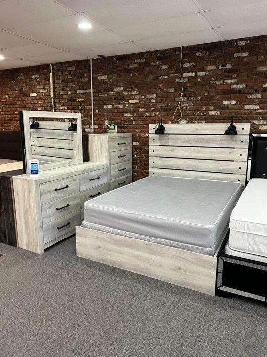 New 🤍$10 Down Payment Finance 🧚Cambeck Queen Size Panel Bed & Dresser & Mirror &  Nightstand & Chest