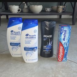 Head & Shoulders Shampoos 20.7oz, AXE Body Wash 16oz, Colgate Toothpaste 6.3oz