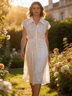 White Eyelet Lace Midi Shirt Dress