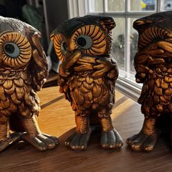 Vintage set of three OWL figurines, specifically the Iconic   “Speak No Evil” and “Hear No Evil” and “See No Evil” pose.  Made and signed by Progressi
