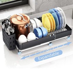 Warome Dish Drainer, Expandable Dish Rack and Drainboard Set, Adjustable(13.2"-19.3"), Black Dish Drying Rack with Utensil Holder,Small Dish Strainers