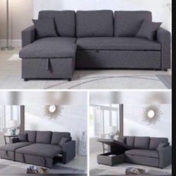 Living room set Sectional Sofa Pullout Bed W / Chaise Storage Fabric 88” X 57” x33”H. Reversible 