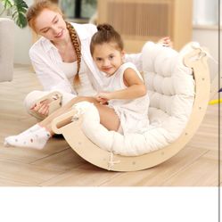2 in 1 Montessori Climbing Arch for Toddlers,Rainbow Wooden Climbing Arch Rocker& Cushion,Climbing Triangle Ramp,Montessori Climbing Gym for Kids 0-8