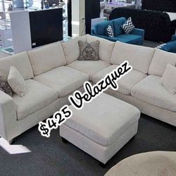 ✅️✅️4 pc ivory cordury fabric upholstered sectional sofa with ottoman✅️