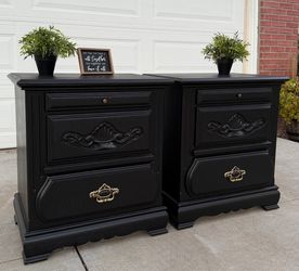 (2) Beautiful Black 2-Drawer + Shelf Solid Wood Night Stands