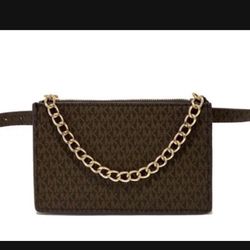 Michael Kors Brown MK Signature Fanny Pack Belt Bag Medium with gold chain Small