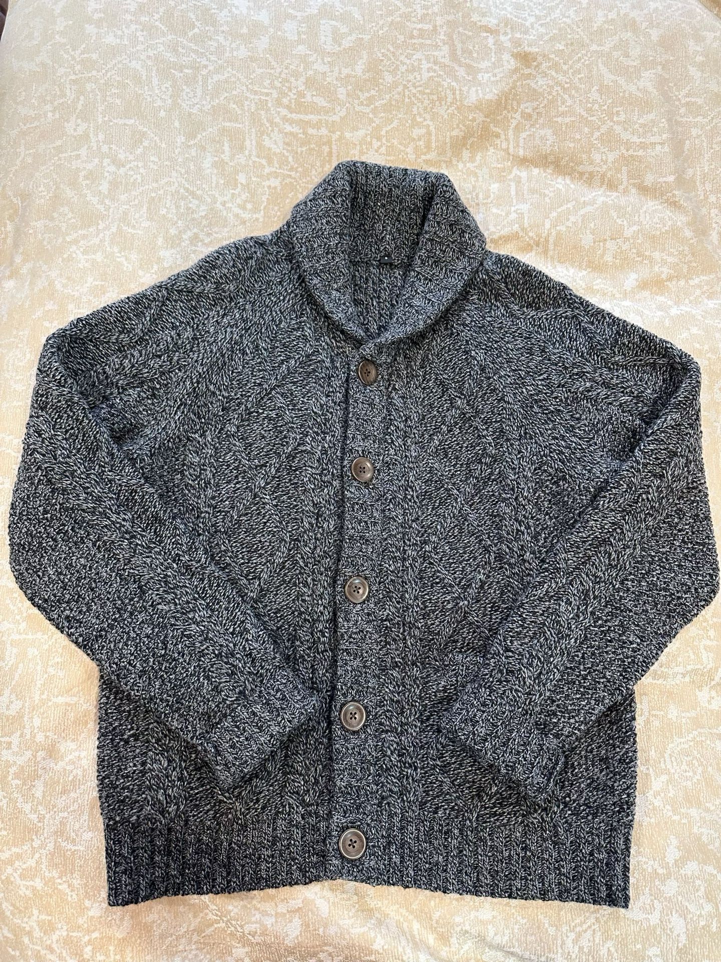 Muji Men’s Shawl Collar Cable Knit Cardigan in Mottled Brown Size Small 100% Wool EUC