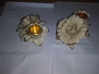 2 White porcelain Rose candle holders