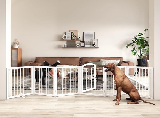 JSB 192-inch Extra Wide 30-inch Tall Dog gate with Door Walk Through,Full Matel Freestanding Round Tube Pet Gate for Halls Stairs, Puppy Safety Dog Fe