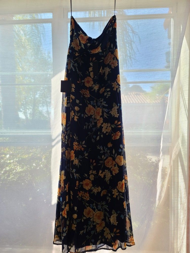 Navy Blue Floral One Shoulder Maxi Dress