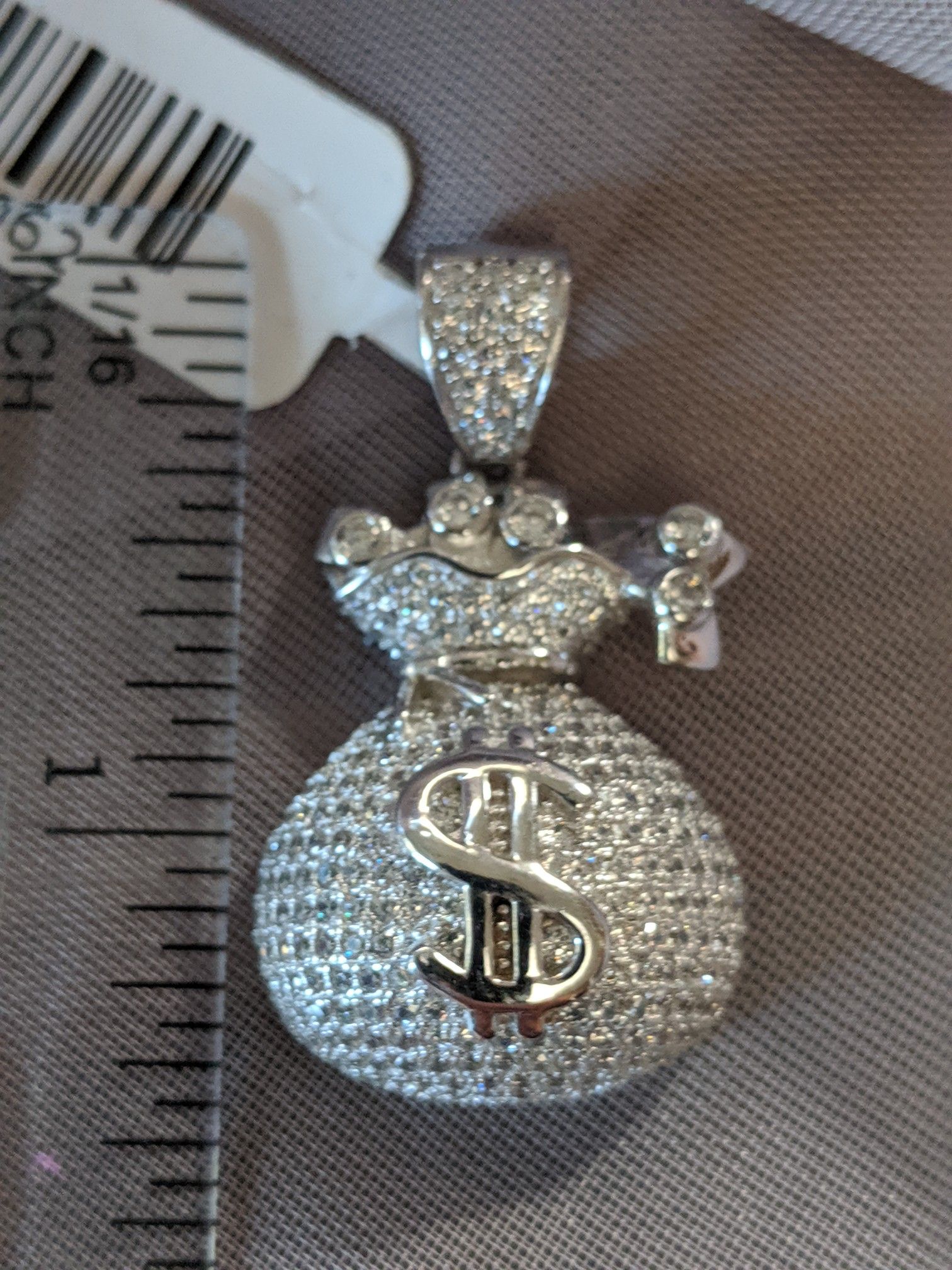 Hip Hop iced out money bag. Sterling Silver Pendant. Nice! Heavy