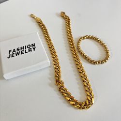 Gold Colored Stainless Cuban Chain Style, Necklace