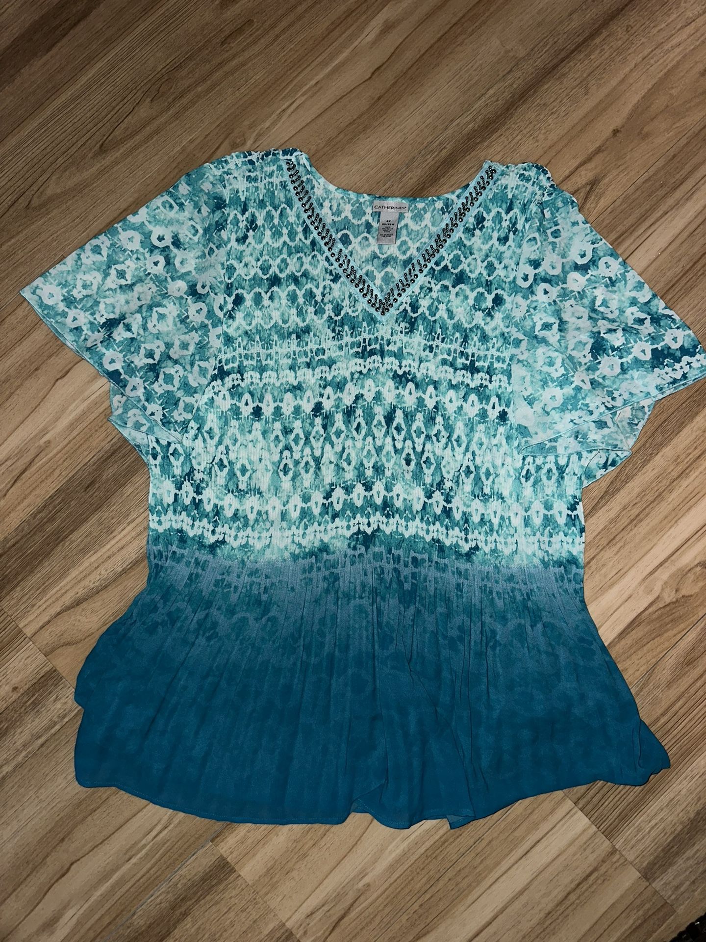 Catherines 4X WP 30/22 Beaded Neckline Blue White Tunic Blouse Top