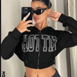 NEW Women Black Zipper Hoodie Crop Top Hottie Jacket 