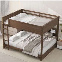 Queen Over Queen Bunk Bed with 6 Storage Cabinets and USB Ports