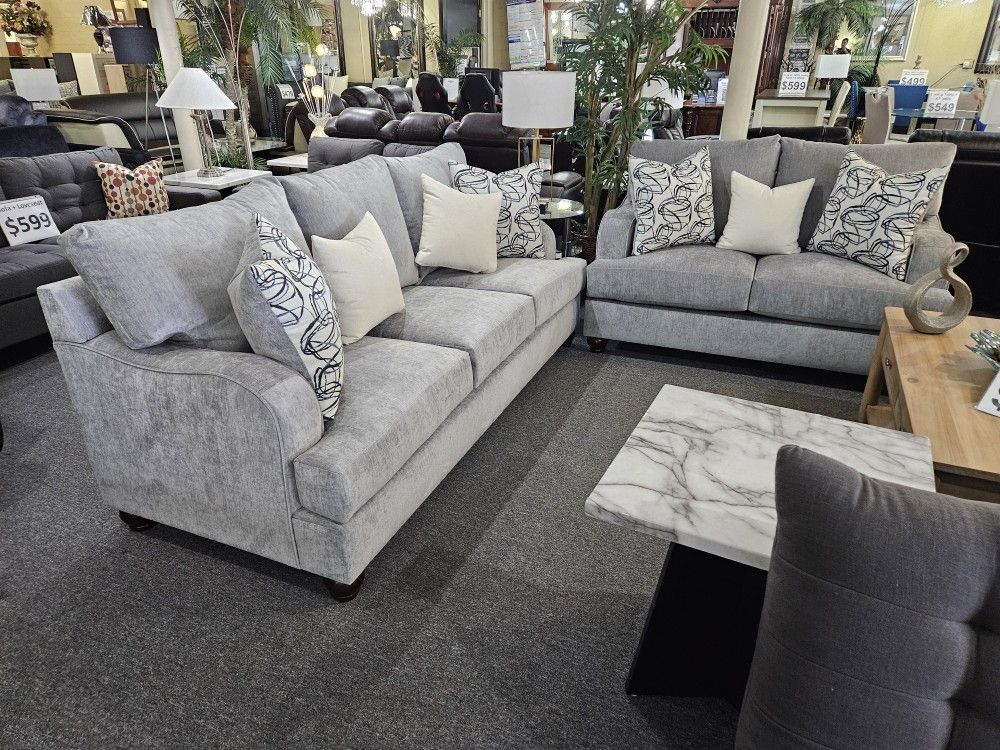 Brand New Light Gray Linen Sofa + Loveseat