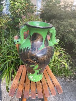 Vintage 20" Green Mexican Floor Vase - Dragon Handles