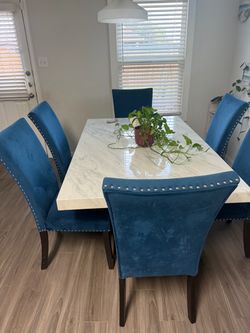 Marble Dining Table with 6 Blue Velvet Chairs