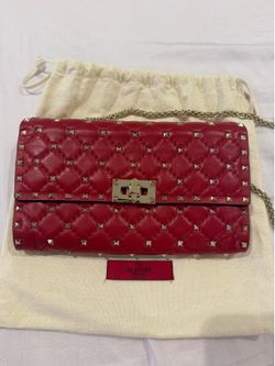 Authentic Valentino Garavani Rockstud Spike Medium Chain Shoulder Bag Red Quilte
