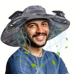 Ayamaya Solar Fan Sun Hat, Widen Brim Outdoor Fishing Men Hat With 2 Fans, Adjsutable 180°Rotating Fan Cooling UPF 50+ Hat