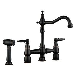 4 Hole Double Handle Bridge Kitchen Faucet with Side Sprayer Deck Mount in Oil Rubbed Bronze