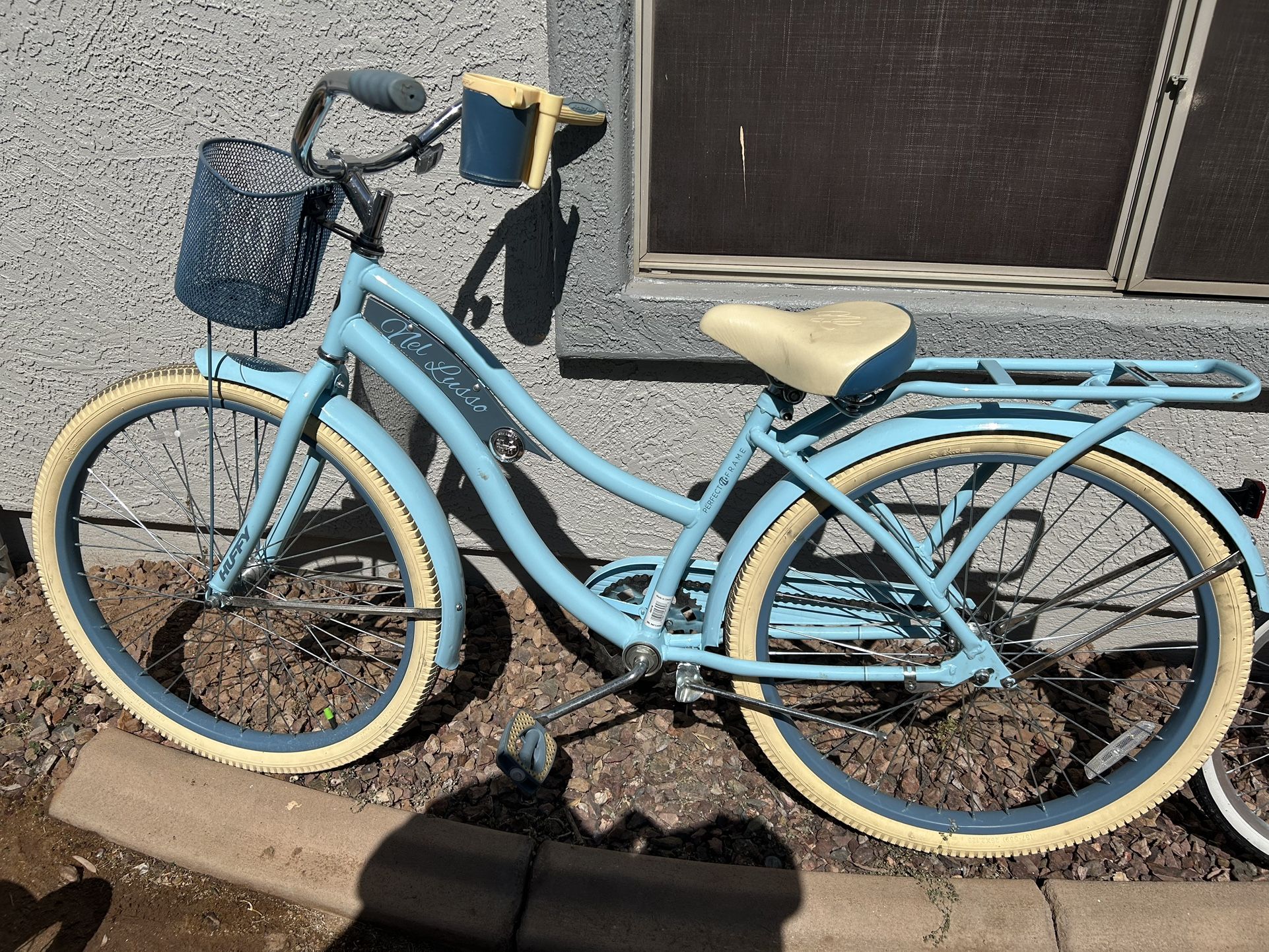 Blue Cruiser Bicycle With Rack And Basket. Bike